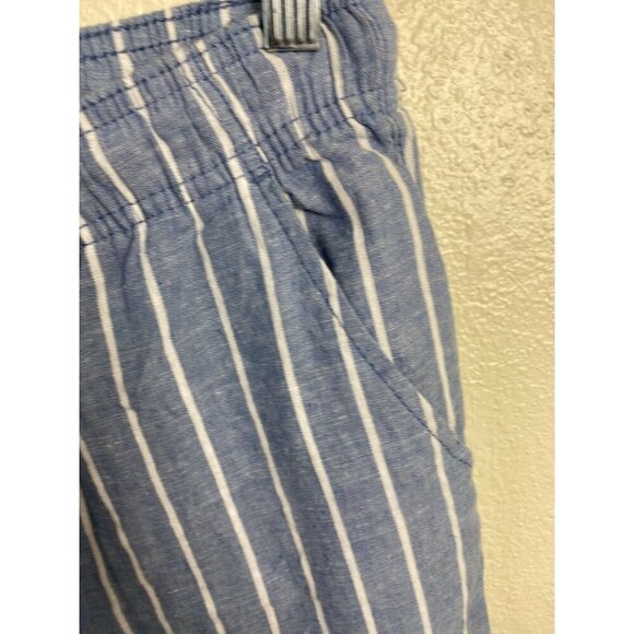 Serra Linen Blend Stripe Blue Womens Pants size Medium Lagenlook Pull on Elastic - Picture 11 of 13